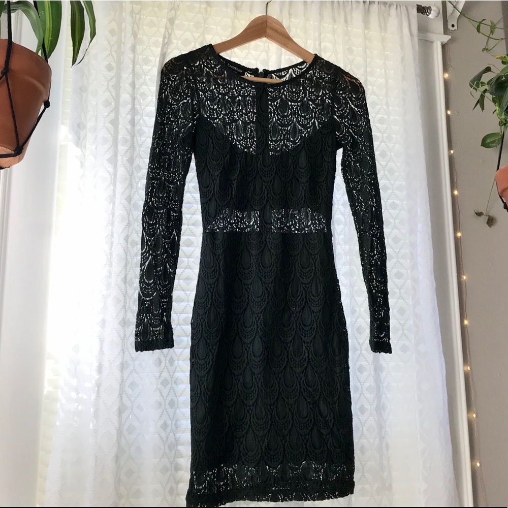 Bebe Long Sleeve Lace Patterned Mini Dress • XS